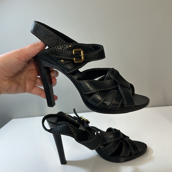 Chloe Black Leather Strap Stacked Sandal Heels Size 40 - Picture 12 of 16